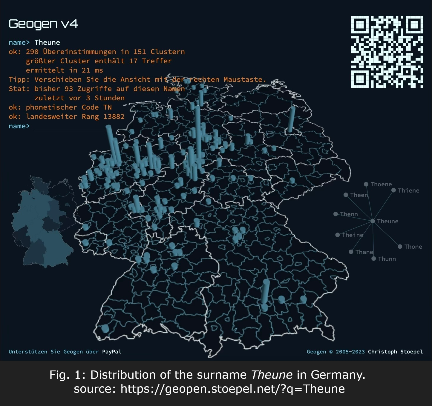 screenshot of geogen website. distribution of the surname theune across germany. spikes in nordrhein-westfalen, northern hessen and southern niedersachsen.